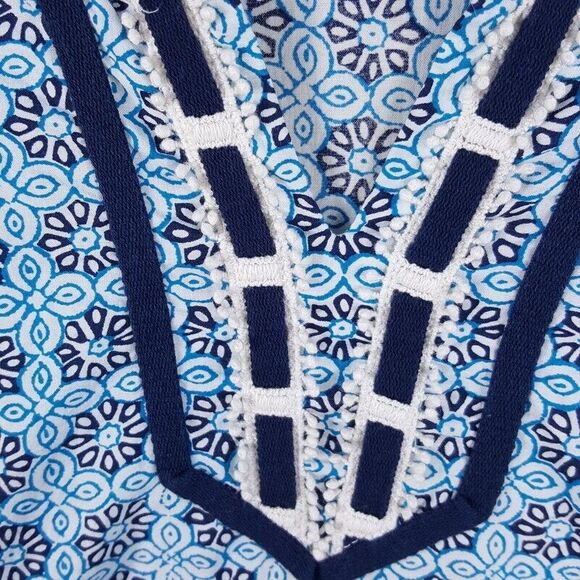 SAINT TROPEZ WEST Womens Top Small Blue Floral Pullover Tunic Crochet Woven Trim - Picture 3 of 9